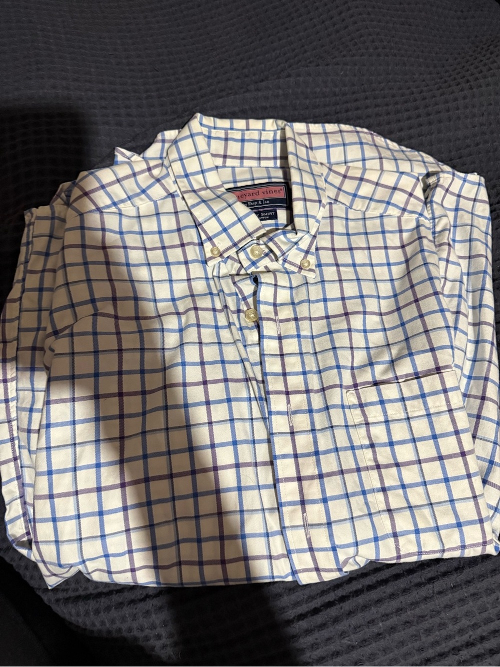 Vineyard Vines White Button-Down Shirt with Blue and Purple Plaid